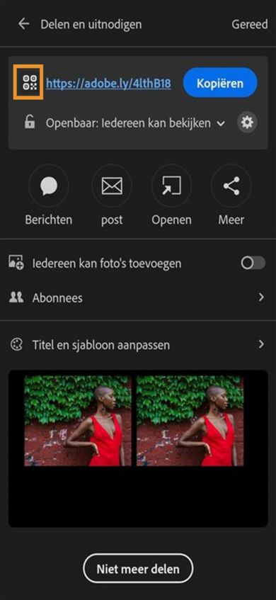 In de bovenste sectie ziet u een koppeling met opties om de URL of QR-code te kopiëren en te delen via WhatsApp, sms of andere apps. Hieronder vindt u schakelknoppen waarmee u kunt aangeven of anderen foto's mogen toevoegen en mensen mogen uitnodigen. In de onderste sectie wordt een voorbeeld van gedeelde foto's weergegeven.