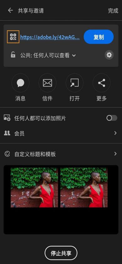 顶部显示一个链接，并提供复制 URL、QR 代码，以及通过 WhatsApp、“信息”或其他应用程序进行共享的选项。 以下是允许他人添加照片和邀请他人的切换开关。 底部显示共享照片的预览。