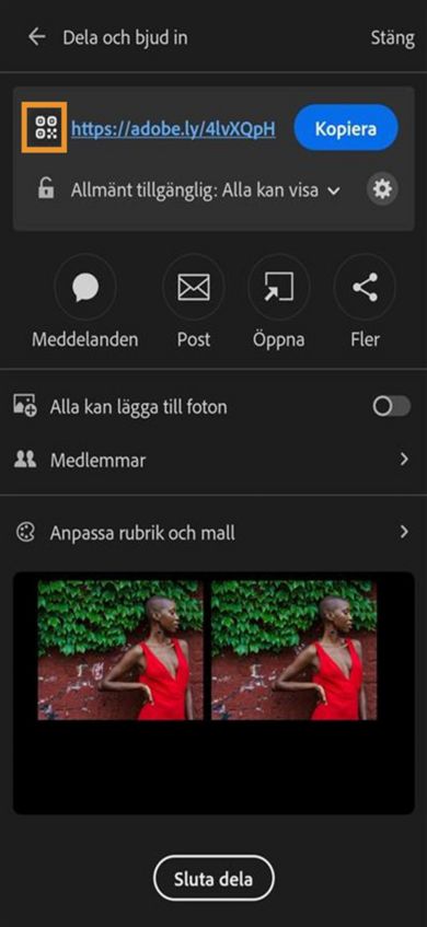 I det övre avsnittet visas en länk med alternativ för att kopiera URL-adressen och QR-koden samt för att dela via WhatsApp, Message eller andra appar. Under visas växlingsknappar för att tillåta andra att lägga till foton och bjuda in personer. I det nedre avsnittet visas en förhandsvisning av delade foton.