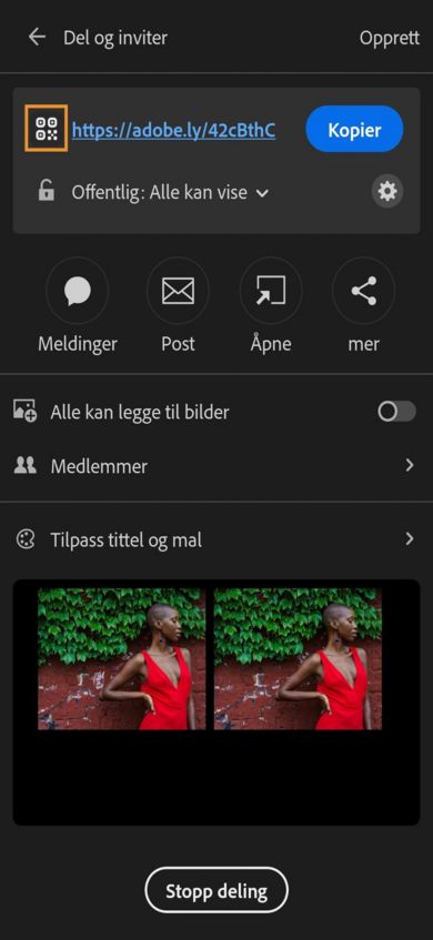 Den øverste delen viser en kobling med alternativer for å kopiere nettadresse eller QR-kode, eller dele via WhatsApp, Melding eller andre apper. Nedenfor finner du brytere for gi andre tillatelse til å legge til bilder og invitere personer. Den nederste delen viser en forhåndsvisning av delte bilder.