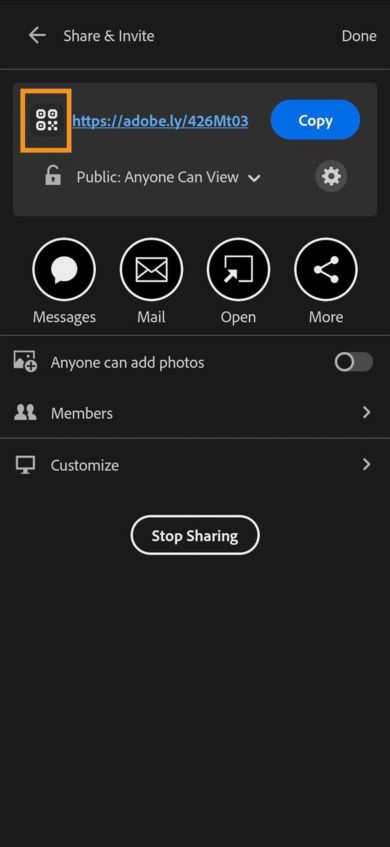 The top section shows a link with options to copy URL, QR code, share via WhatsApp, Message, or other apps. Below are toggles for allowing others to add photos and inviting people. The bottom section displays a preview of shared photos.