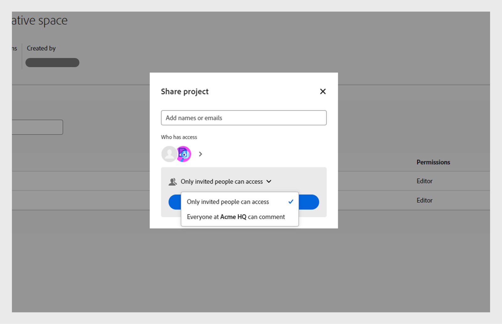 A Projekt megosztása képernyő, ahol a Csak meghívott személyek férhetnek hozzá opció van kiválasztva.