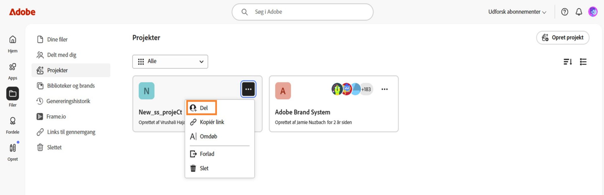 Grænsefladen i Adobe Creative Cloud viser en rullemenu med muligheder for at dele, kopiere link, omdøbe, forlade eller slette.