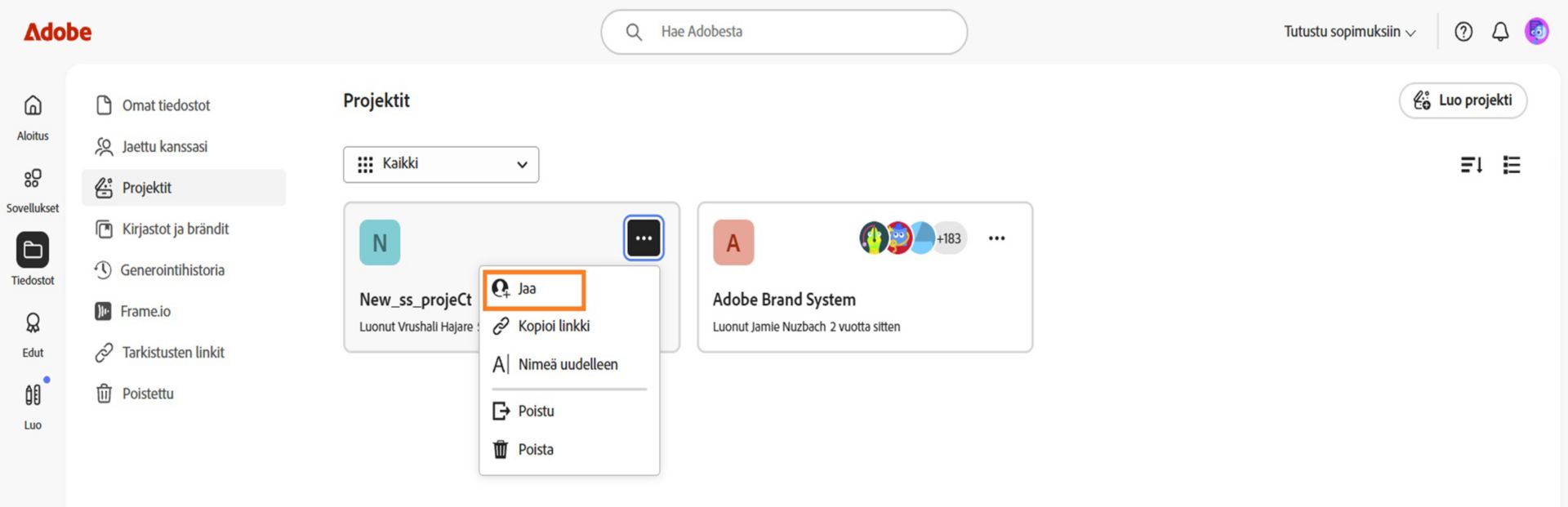 Adobe Creative Cloudin käyttöliittymä, jonka avattavassa valikossa on vaihtoehdot jakamista, linkin kopioimista, uudelleennimeämistä, poistumista ja poistamista varten.