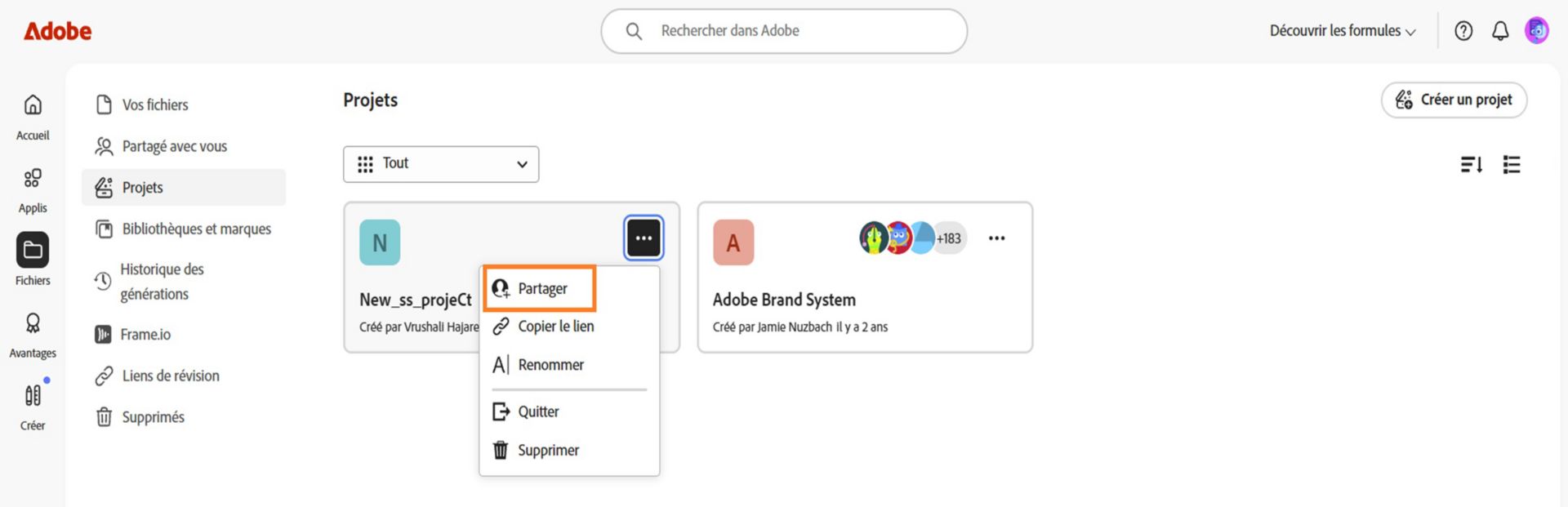 Interface d'Adobe Creative Cloud affichant un menu déroulant avec des options pour partager, copier le lien, renommer, quitter ou supprimer.