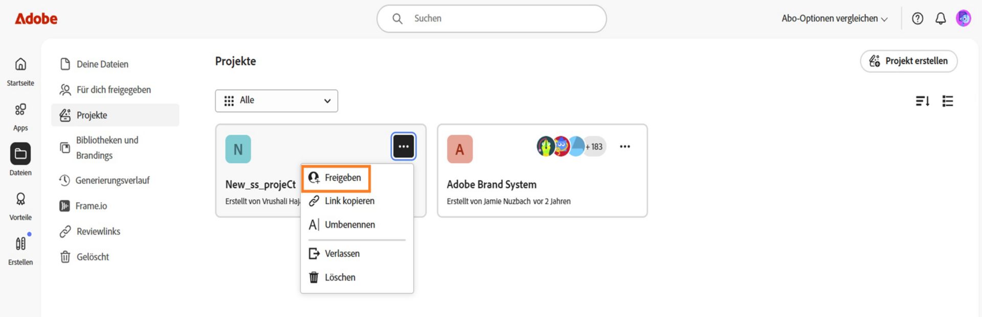 Adobe Creative Cloud-Oberfläche mit einem Dropdown-Menü und Optionen zum Freigeben, Link kopieren, Umbenennen, Verlassen oder Löschen.