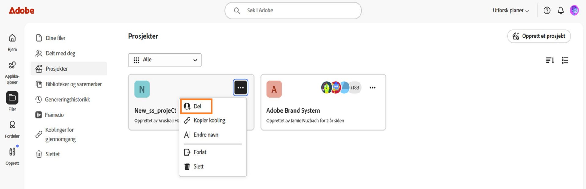 Adobe Creative Cloud-grensesnittet viser en rullegardinmeny med alternativer for å dele, kopiere lenke, gi nytt navn, forlate eller slette.
