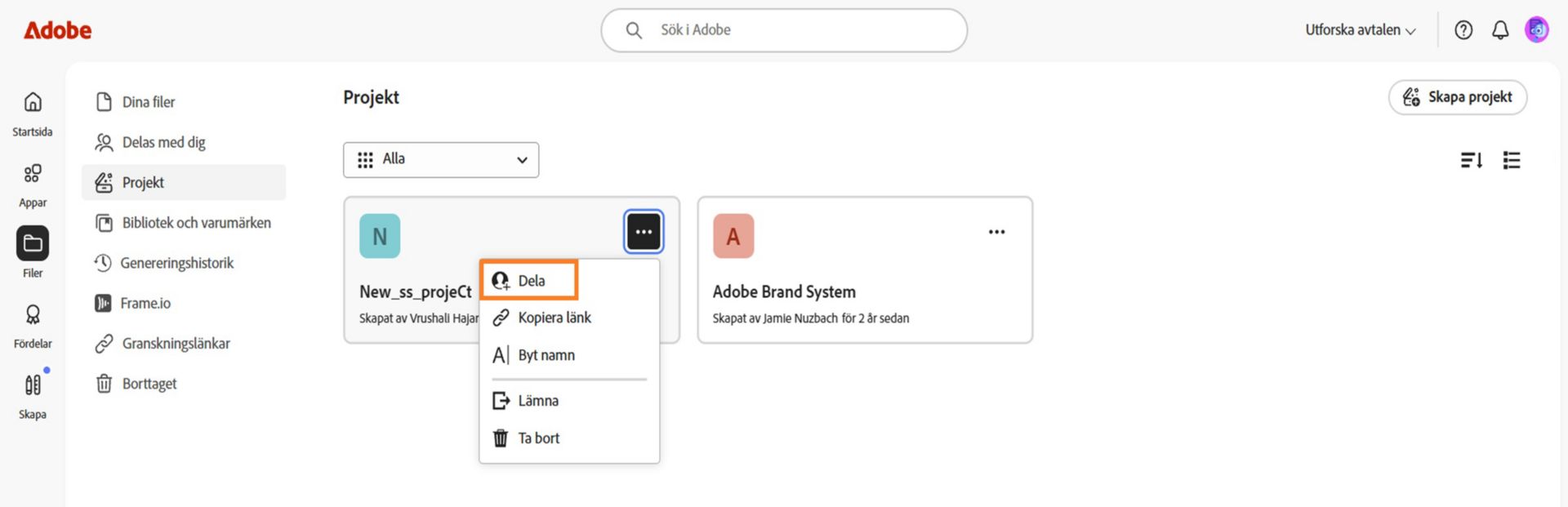 Adobe Creative Cloud-gränssnitt som visar en rullgardinsmeny med alternativ för att dela, kopiera länk, byta namn, lämna eller ta bort.
