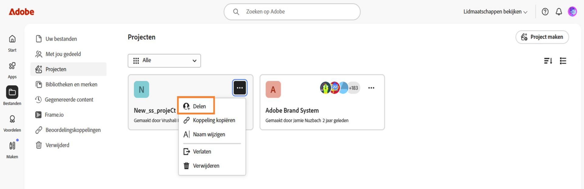 Adobe Creative Cloud-interface met een vervolgkeuzemenu met opties om te delen, link te kopiëren, naam te wijzigen, te verlaten of te verwijderen.