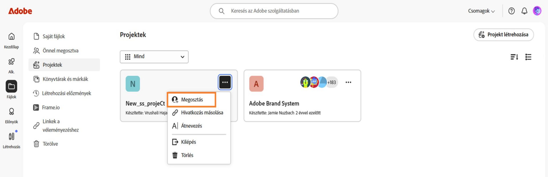 Az Adobe Creative Cloud felülete egy legördülő menüt jelenít meg a megosztás, hivatkozás másolása, átnevezés, elhagyás vagy törlés lehetőségeivel.