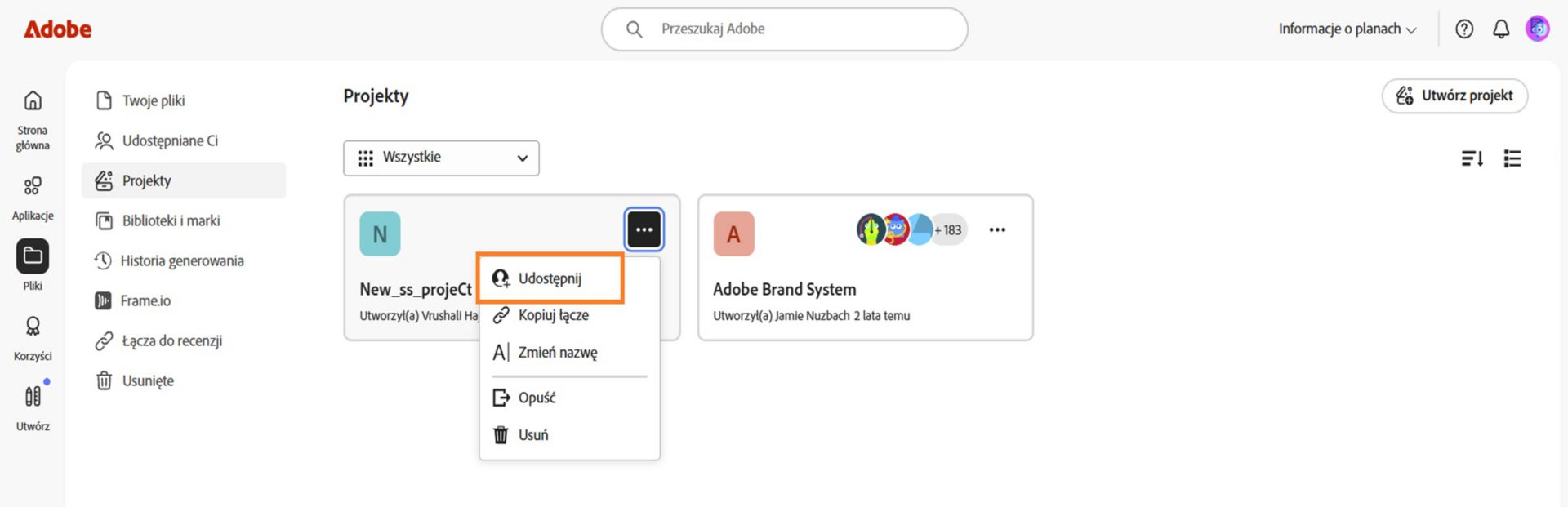 Interfejs Adobe Creative Cloud wyświetlający menu rozwijane z opcjami udostępniania, kopiowania linku, zmiany nazwy, opuszczenia lub delete.