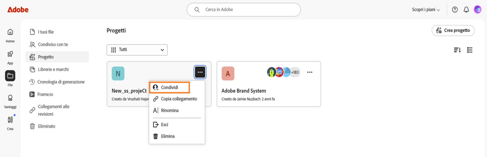 Interfaccia di Adobe Creative Cloud che mostra un menu a discesa con opzioni per condividere, copiare il collegamento, rinominare, abbandonare o eliminare.
