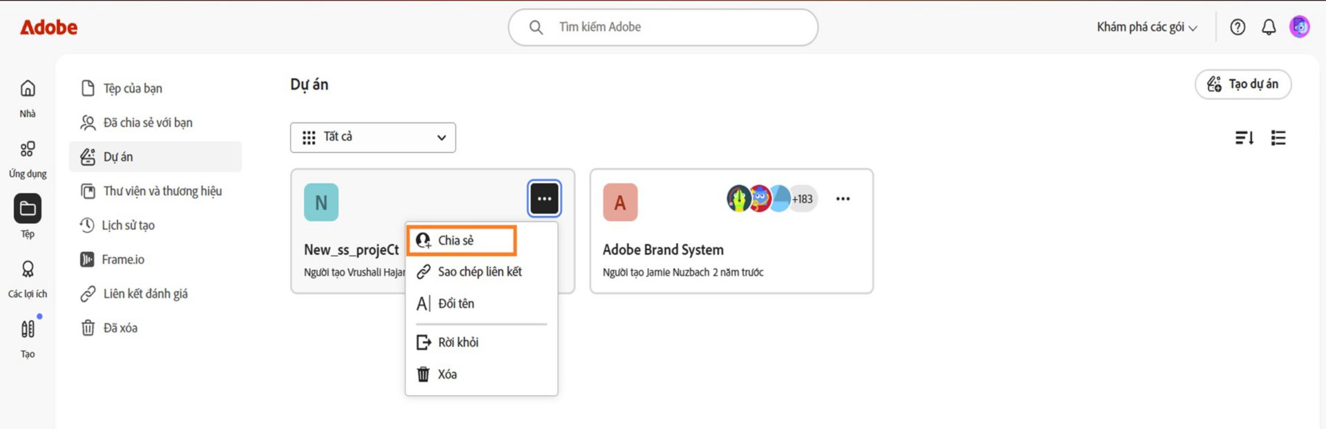 Giao diện Adobe Creative Cloud hiển thị menu thả xuống với các tùy chọn chia sẻ, sao chép liên kết, đổi tên, rời khỏi hoặc xóa.