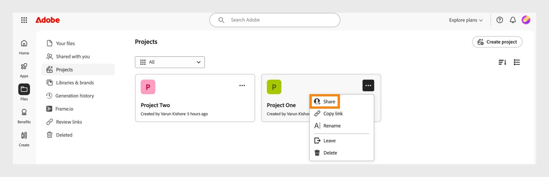 Adobe Creative Cloud interface displaying a dropdown menu with options to share, copy link, rename, leave, or delete.