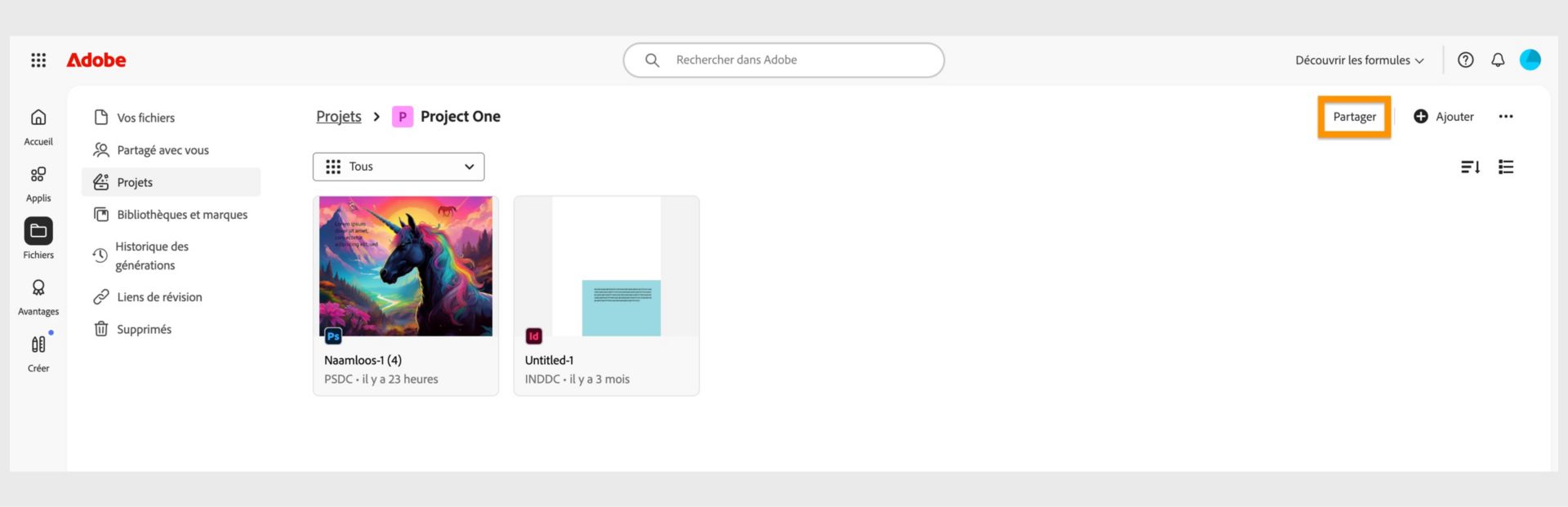 Le bouton Partager, disponible dans le coin supérieur droit de l’écran du projet, vous permet de partager votre projet avec des collaborateurs. 
