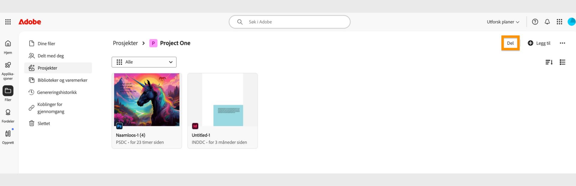 Del-knappen, som er tilgjengelig øverst til høyre på prosjektskjermen, lar deg dele prosjektet ditt med samarbeidspartnere. 