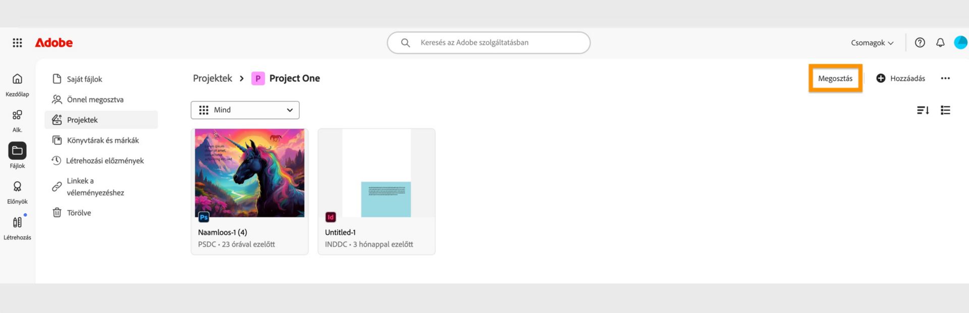 A Megosztás gomb, amely a projekt screens jobb felső sarkában található, lehetővé teszi, hogy megossza projektjét a collaboration partnerekkel. 