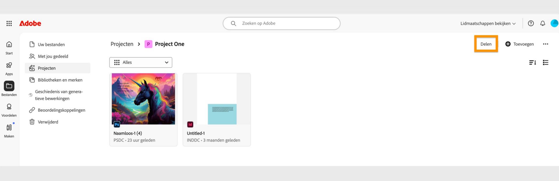 De button Delen, beschikbaar in de rechterbovenhoek van het Project-scherm, stelt je in staat om je Project te Delen met collaboratie-gebruikers. 