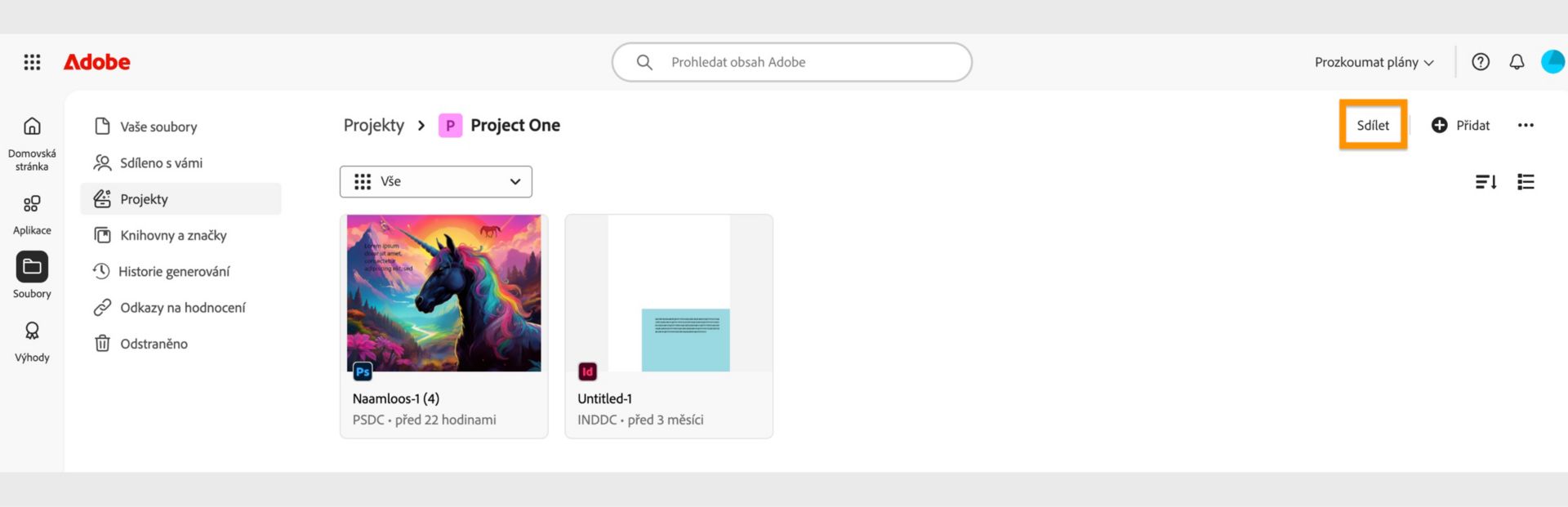 Tlačítko Sdílet, které je k dispozici v pravém horním rohu obrazovky projektu, umožňuje sdílet Projekt s uživateli pro collaboration. 