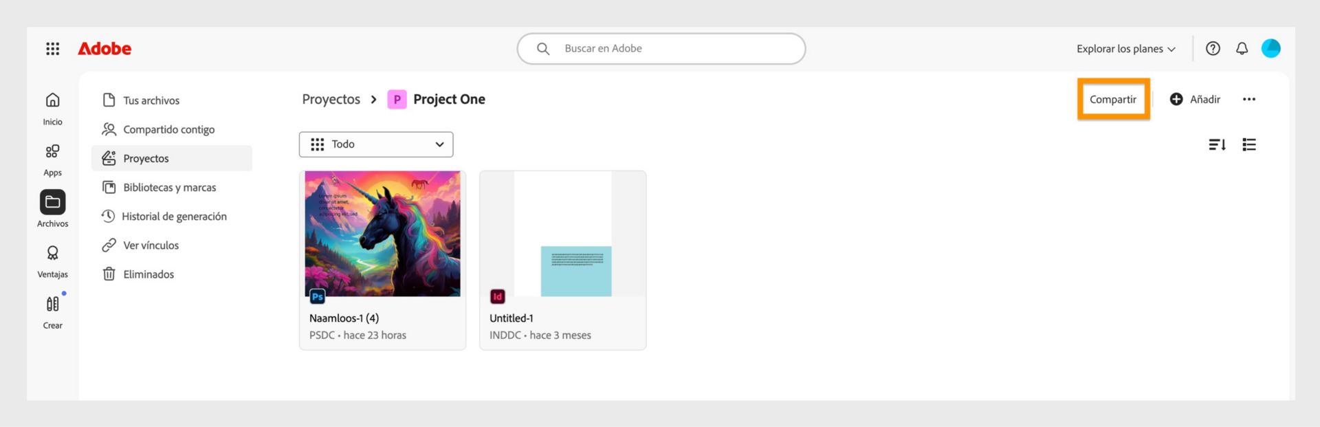 El botón Compartir, disponible en la esquina superior derecha de la pantalla del proyecto, permite compartir el proyecto con colaboradores. 