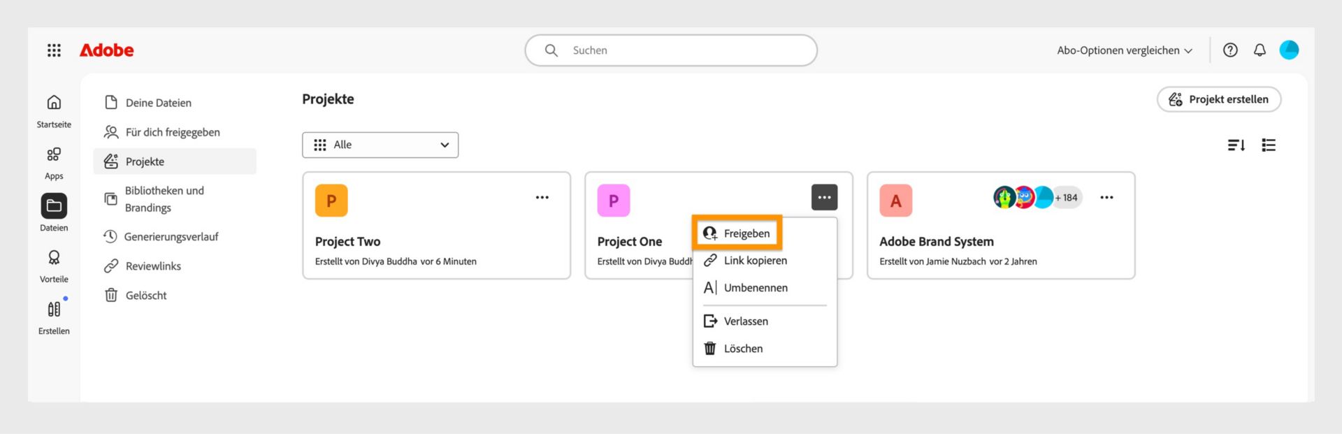 Adobe Creative Cloud-Oberfläche mit einem Dropdown-Menü und Optionen zum Freigeben, Link kopieren, Umbenennen, Verlassen oder Löschen.