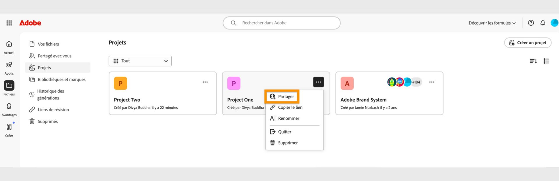 Interface d'Adobe Creative Cloud affichant un menu déroulant avec des options pour partager, copier le lien, renommer, quitter ou supprimer.