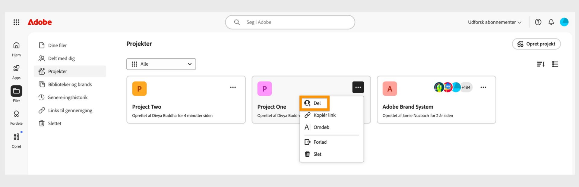 Grænsefladen i Adobe Creative Cloud viser en rullemenu med muligheder for at dele, kopiere link, omdøbe, forlade eller slette.