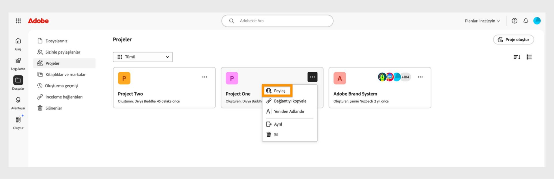 Adobe Creative Cloud arayüzünde paylaşma, bağlantıyı kopyalama, yeniden adlandırma, ayrılma veya silme seçeneklerini içeren bir açılır menü görüntüleniyor.
