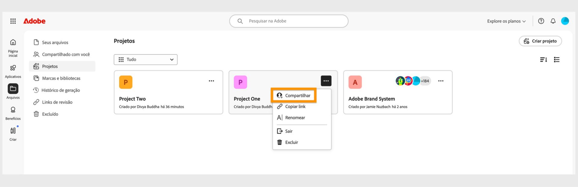 Interface da Adobe Creative Cloud exibindo um menu suspenso com opções para compartilhar, copiar link, renomear, deixar ou excluir.