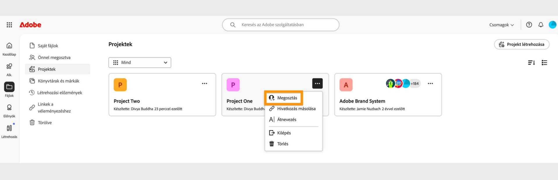 Az Adobe Creative Cloud felülete egy legördülő menüt jelenít meg a megosztás, hivatkozás másolása, átnevezés, elhagyás vagy törlés lehetőségeivel.