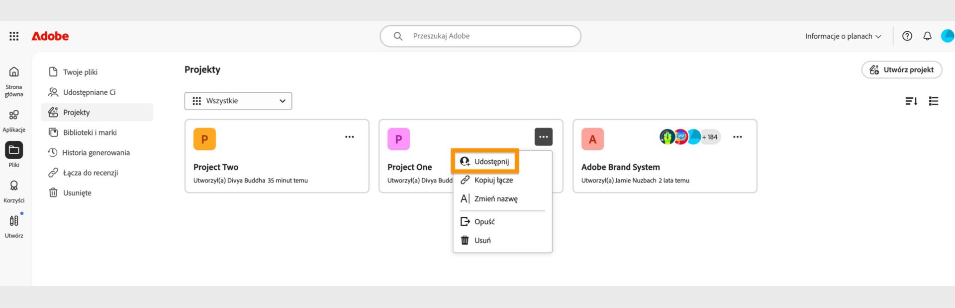 Interfejs Adobe Creative Cloud wyświetlający menu rozwijane z opcjami udostępniania, kopiowania linku, zmiany nazwy, opuszczenia lub delete.