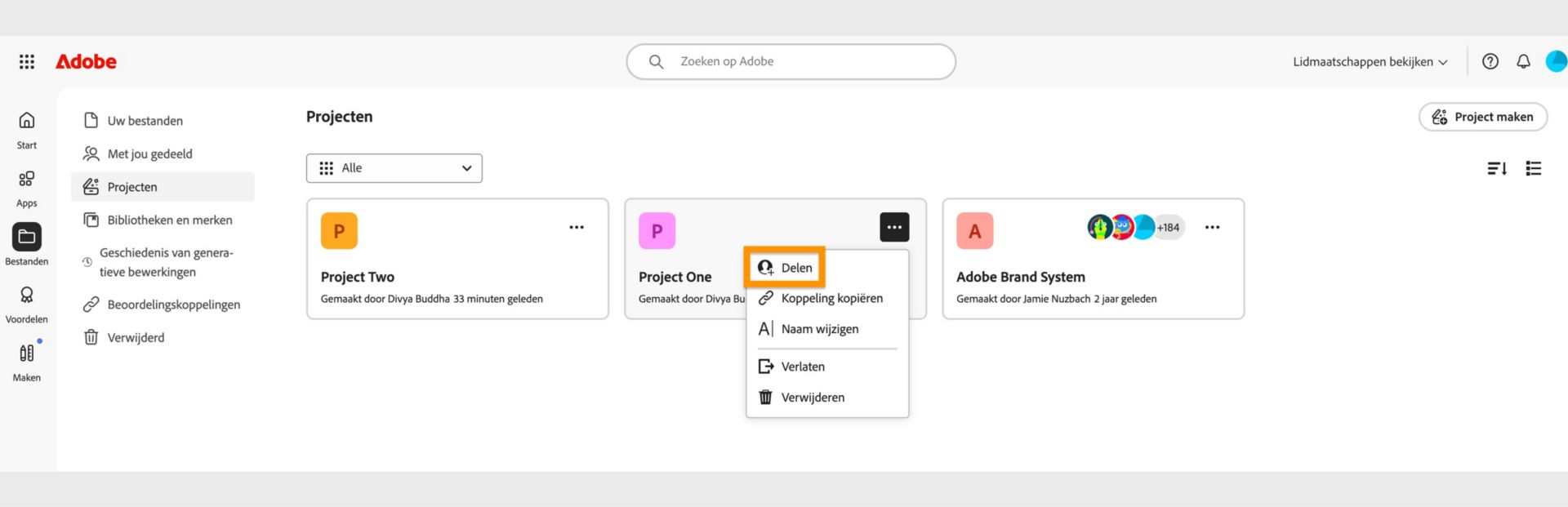 Adobe Creative Cloud-interface met een vervolgkeuzemenu met opties om te delen, link te kopiëren, naam te wijzigen, te verlaten of te verwijderen.