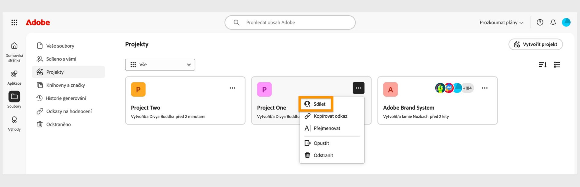 Rozhraní Adobe Creative Cloud zobrazující rozbalovací nabídku s možnostmi sdílení, kopírování odkazu, přejmenování, opuštění nebo odstranění.