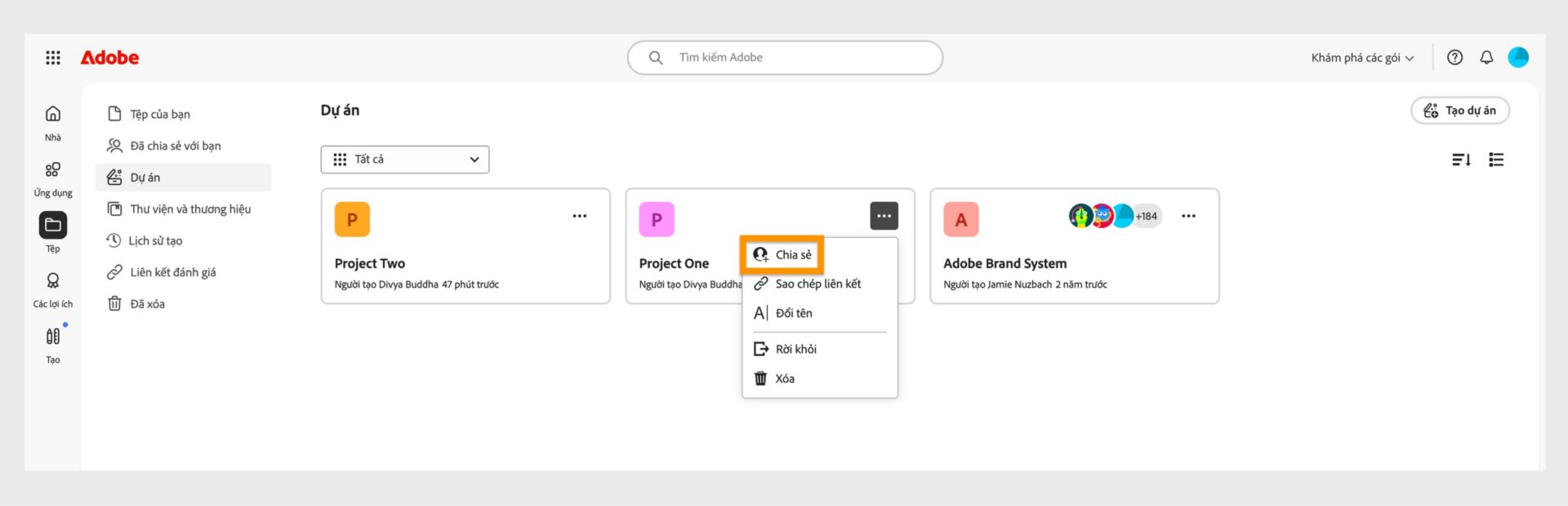 Giao diện Adobe Creative Cloud hiển thị menu thả xuống với các tùy chọn chia sẻ, sao chép liên kết, đổi tên, rời khỏi hoặc xóa.