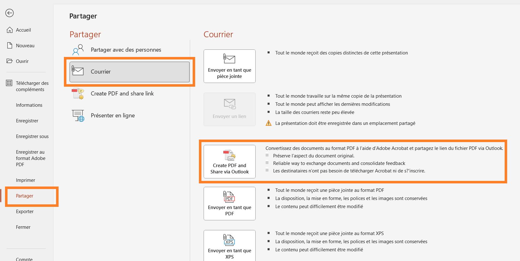 Création d’un PDF et partage via Outlook