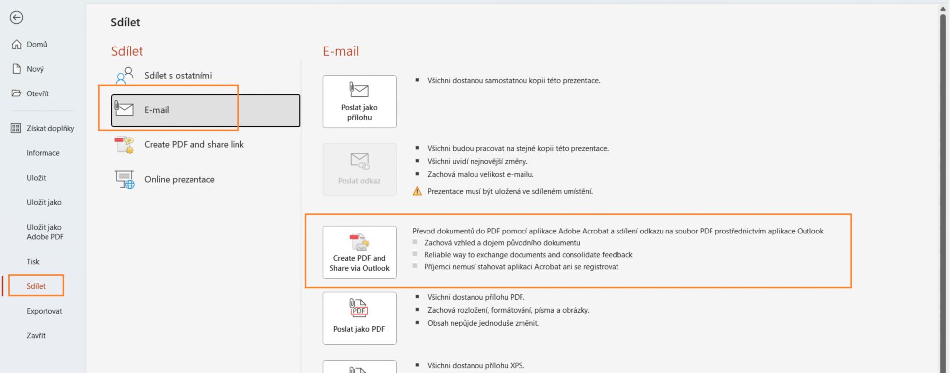Vytvořit PDF a sdílet přes Outlook