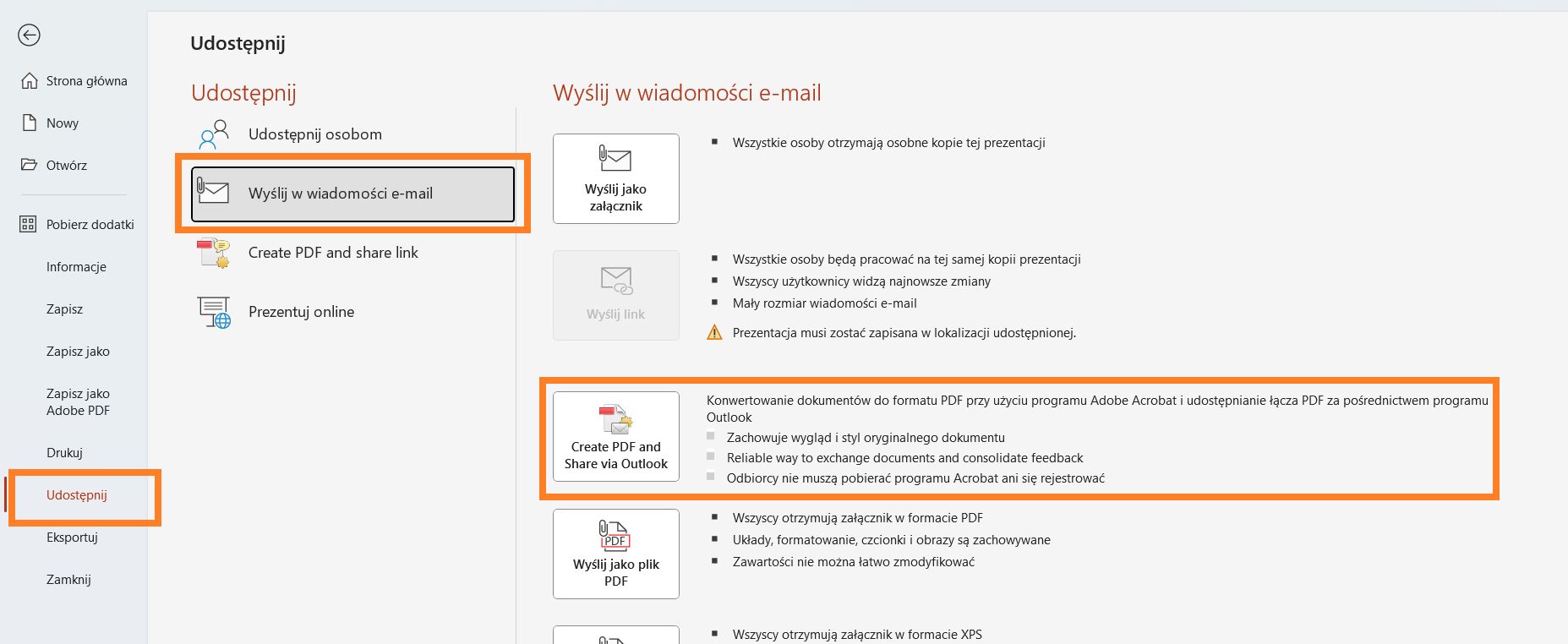 Utwórz plik PDF i udostępnij go za pośrednictwem programu Outlook