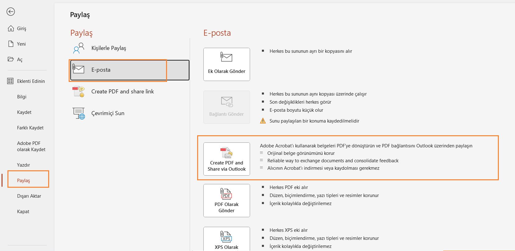 PDF oluşturma ve Outlook üzerinden paylaşma
