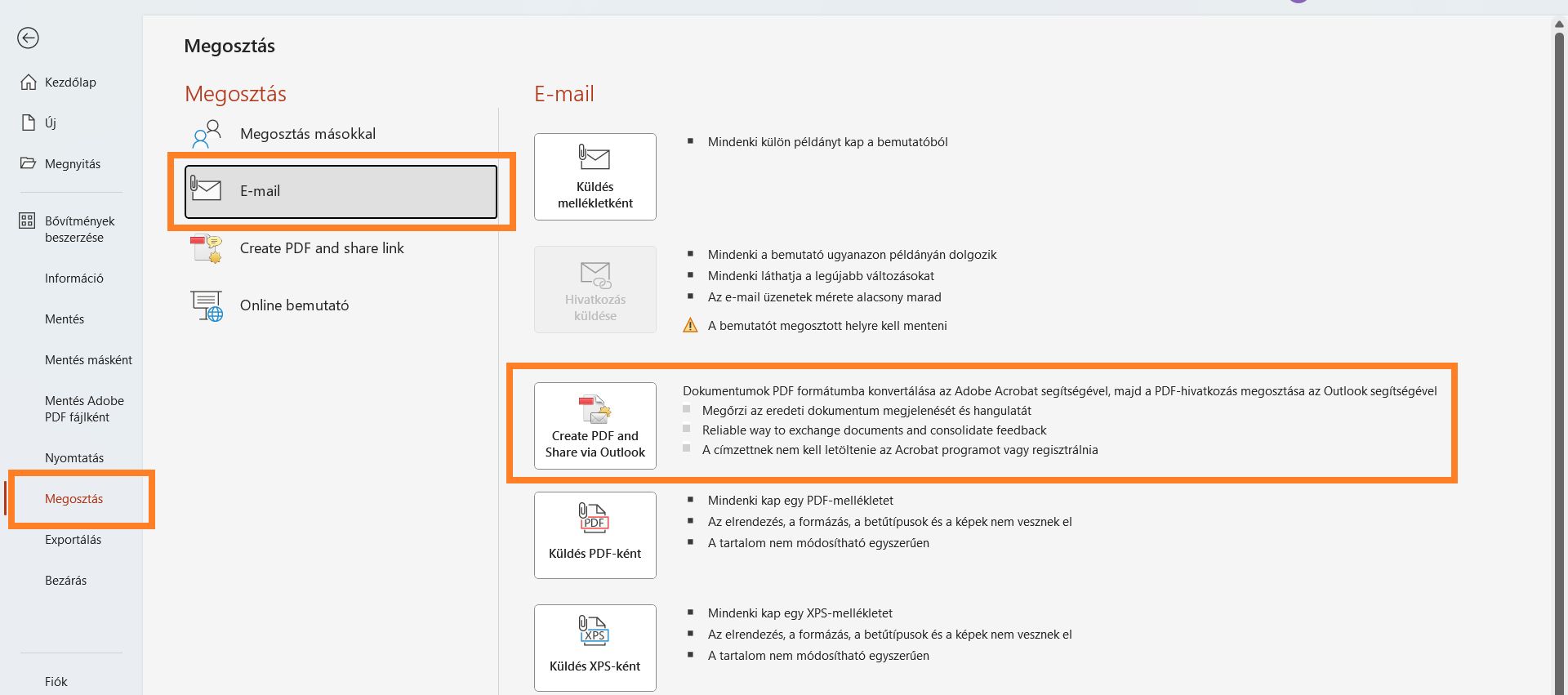 PDF létrehozása és megosztása Outlookon keresztül