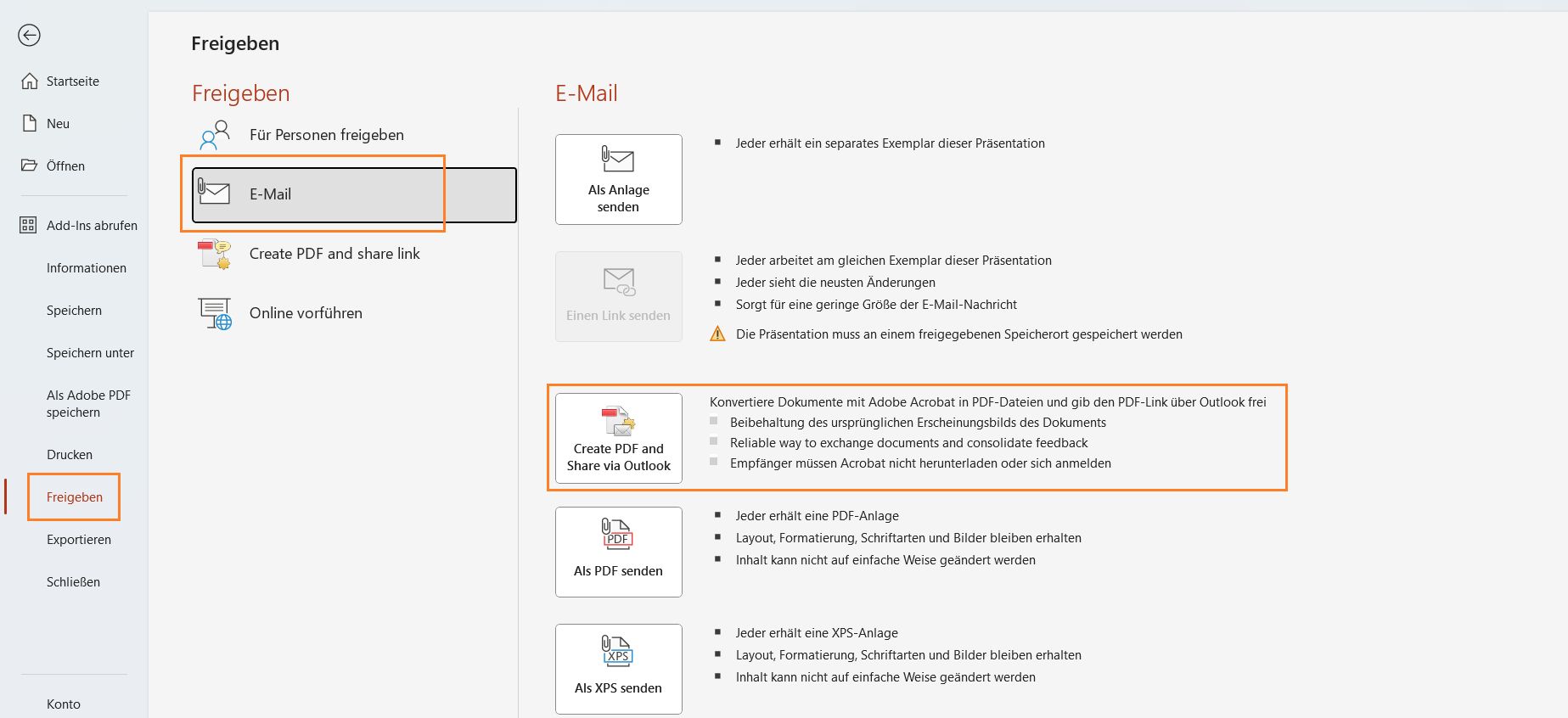 PDF erstellen und über Outlook freigeben
