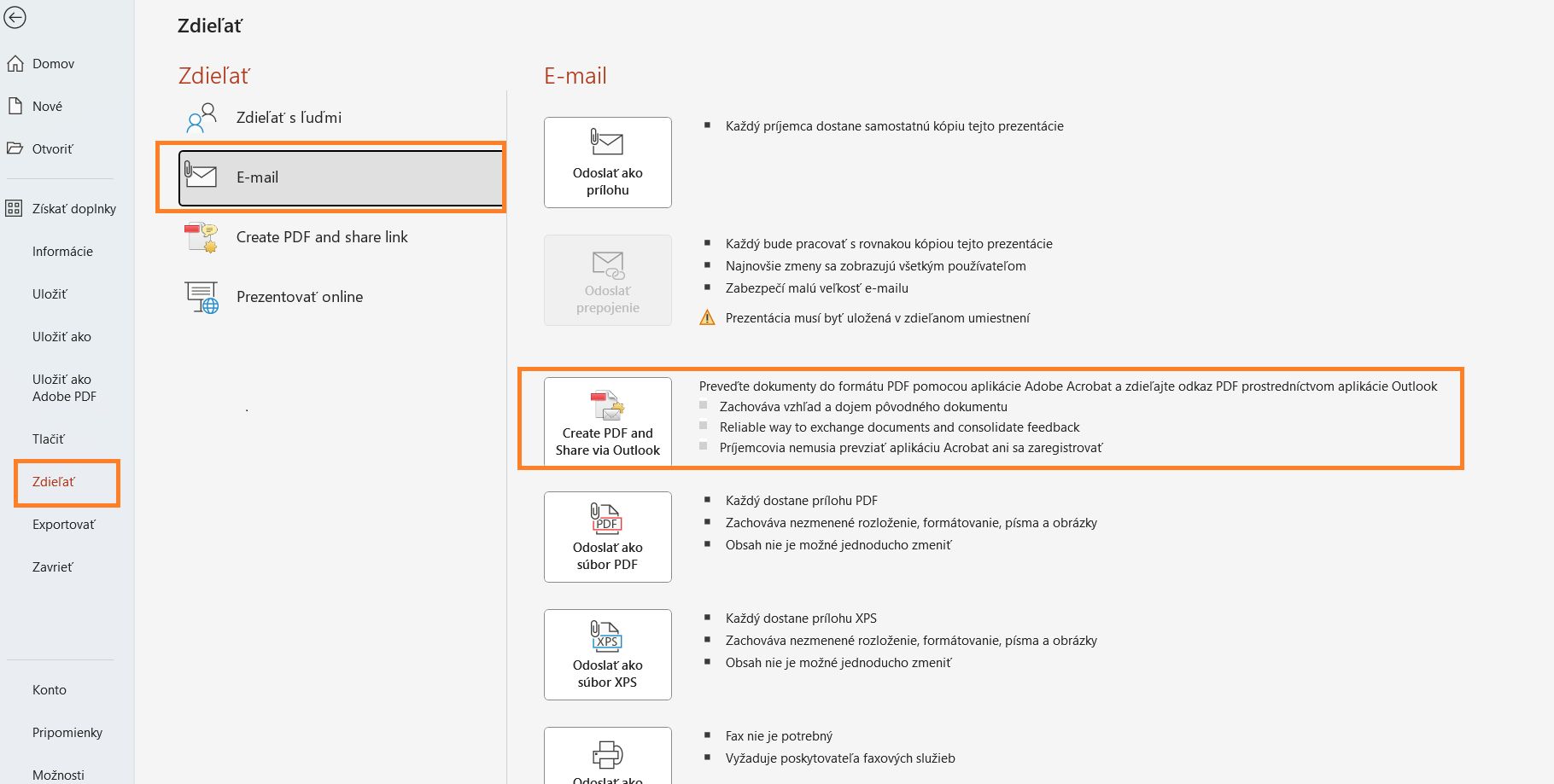 Vytvorte súbor PDF a zdieľajte prostredníctvom aplikácie Outlook