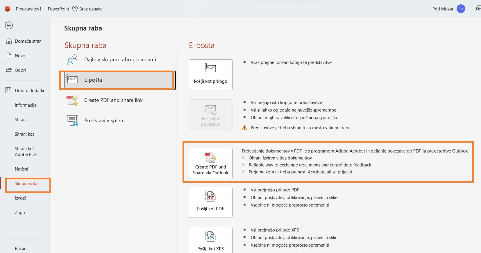 Ustvari PDF in povezavo deli prek storitve Outlook