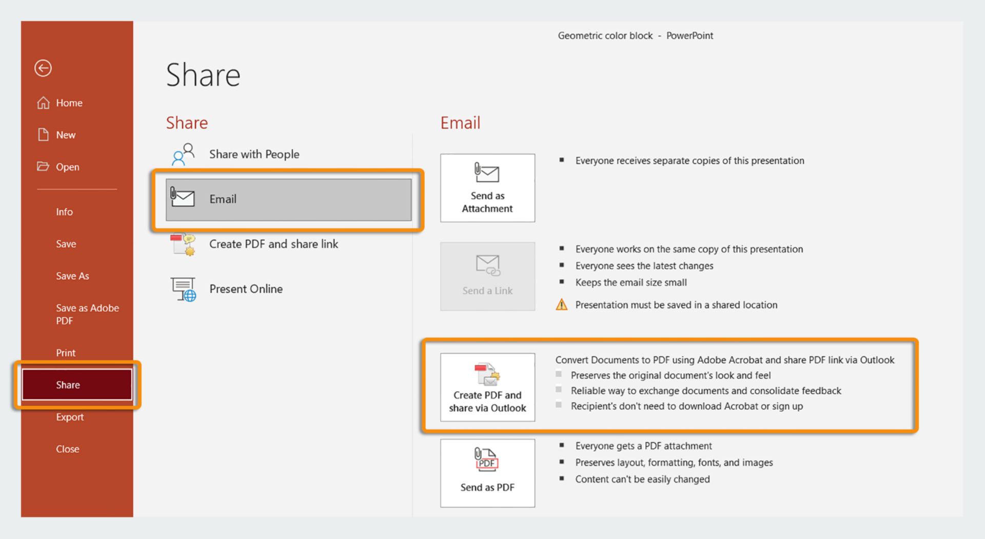 建立 PDF 並透過 Outlook 共用