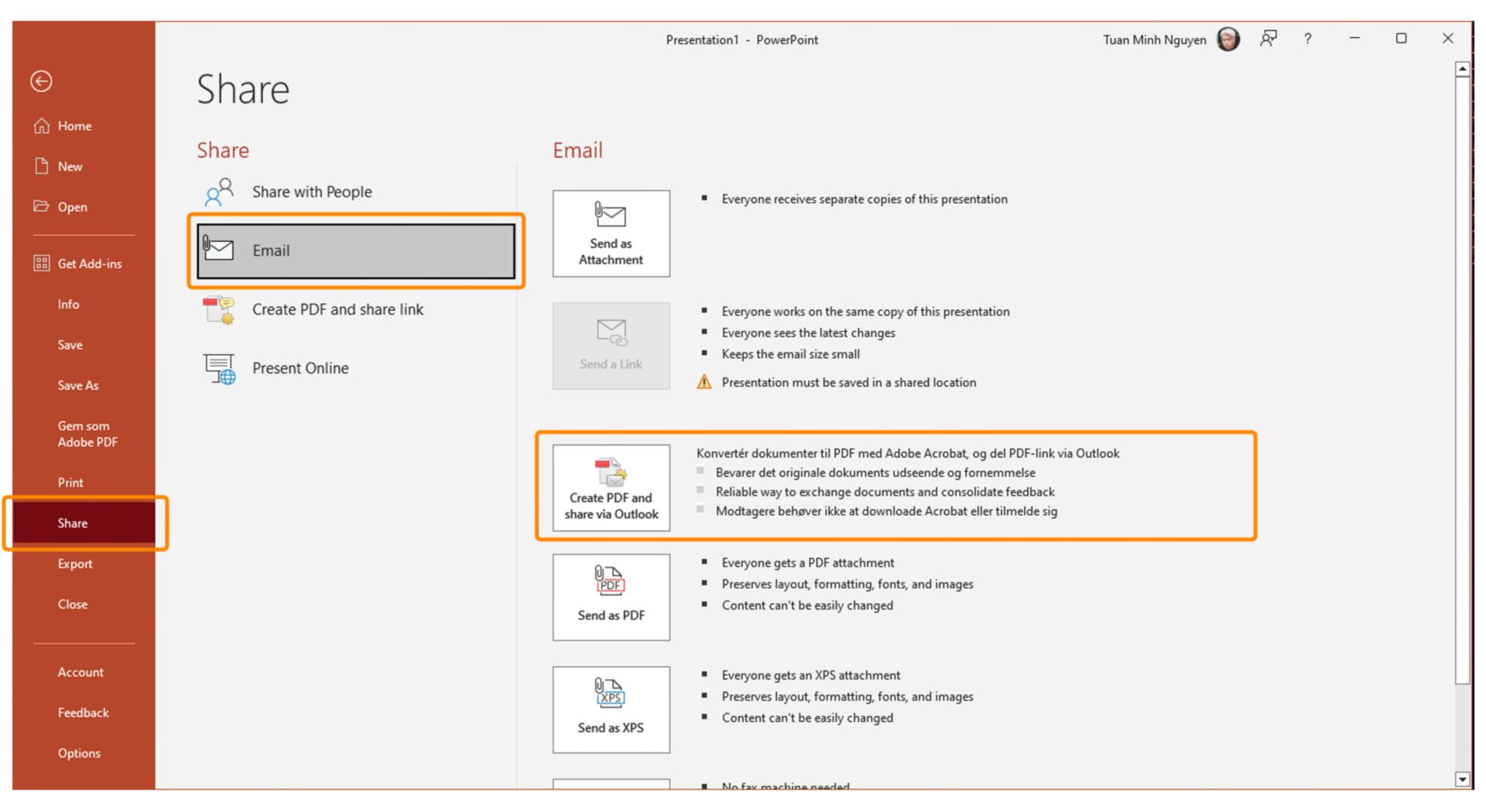 Opret PDF, og del via Outlook