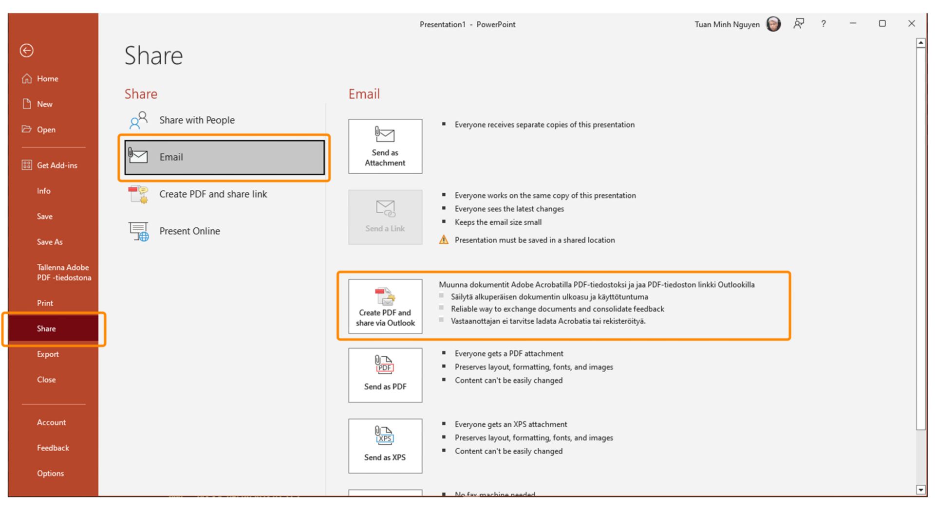 Luo PDF-tiedosto ja jaa se Outlookin kautta