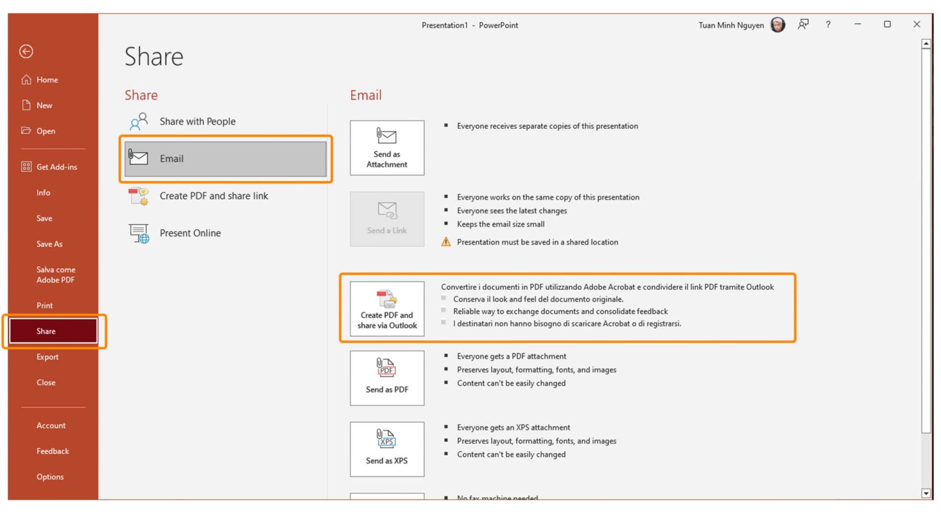 Crea PDF e condividi tramite Outlook
