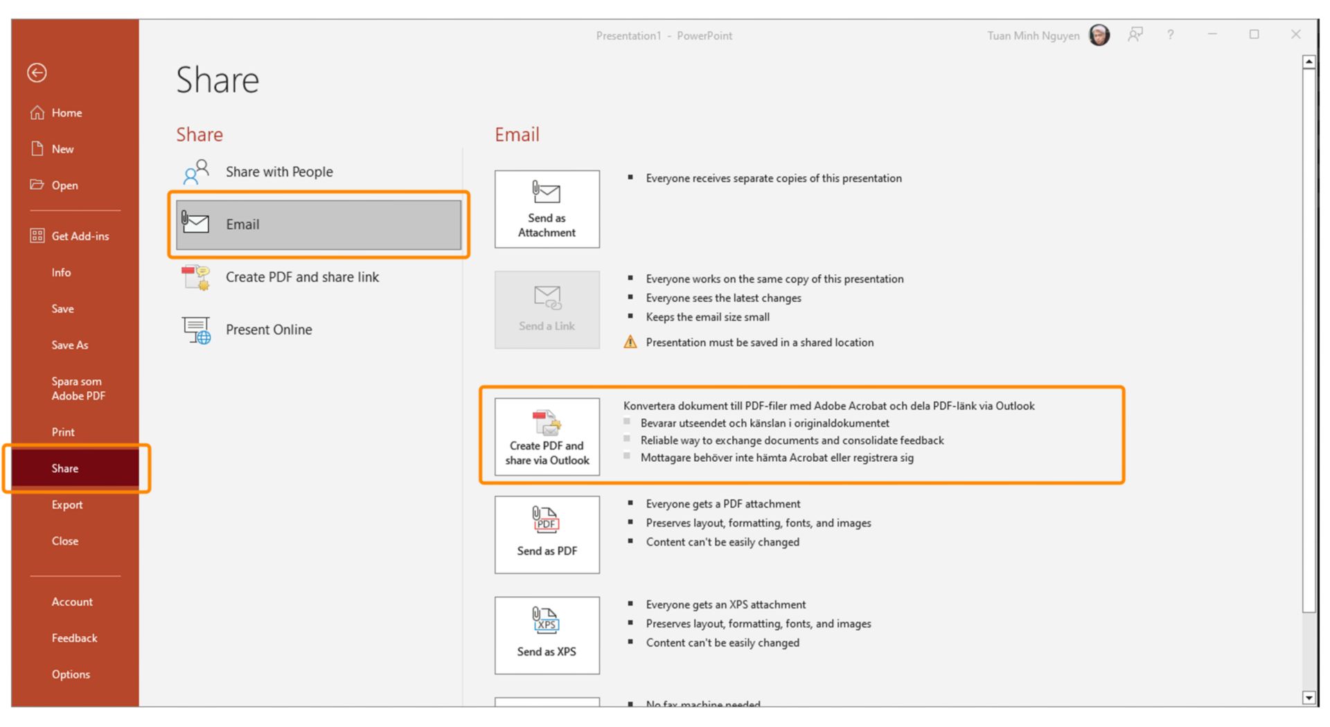 Skapa PDF-filer och dela via Outlook