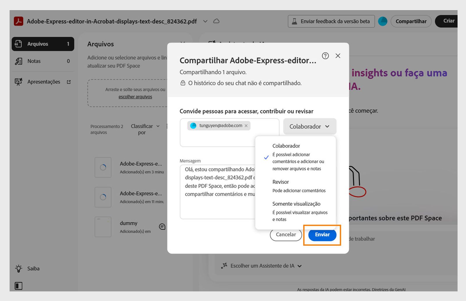 Caixa de diálogo de compartilhamento para convidar destinatários a acessarem um PDF Space, com opções de configurações de acesso e o botão “Enviar”.