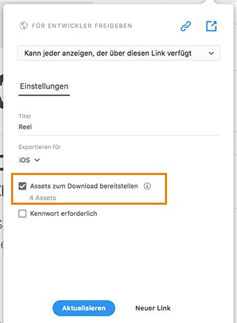 Option „Assets zum Download bereitstellen“