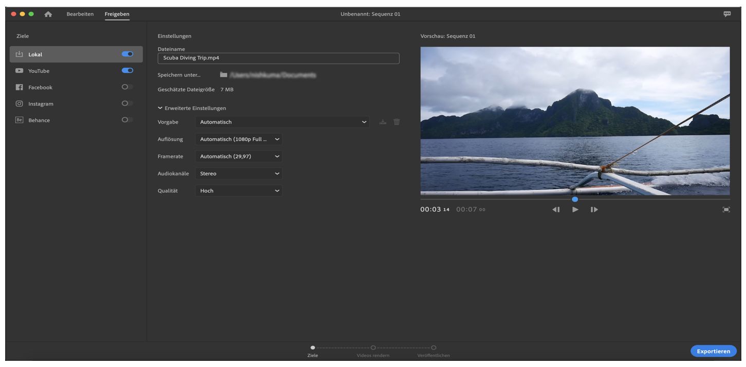 Premiere Rush-Arbeitsbereich „Teilen“